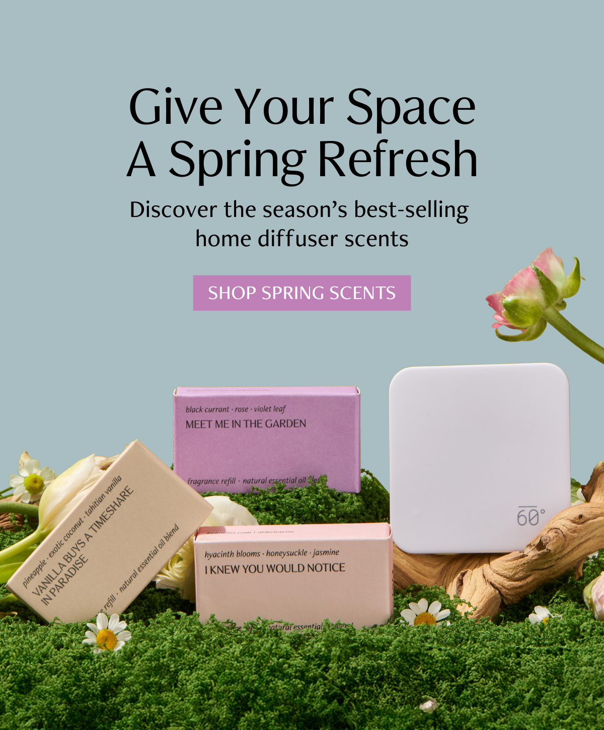 Three Below 60 fragrance refill boxes — Vanilla Buys a Timeshare in Paradise, Meet Me in the Garden, and I Knew You Would Notice — with a white Below 60 plug-in diffuser, arranged on green moss with white tulips, daisies, and a pink ranunculus bud against a soft blue-grey background. Give Your Space a Spring Refresh. Discover the season's best-selling home diffuser scents.