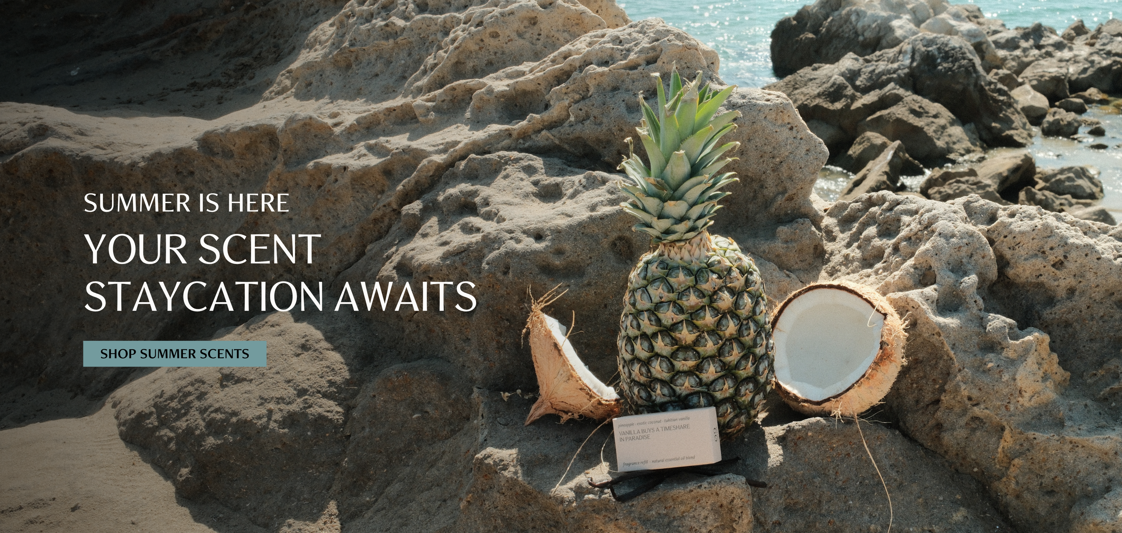 A Vanilla Buys a Timeshare in Paradise fragrance refill nestled between a whole pineapple and cracked coconut on sun-warmed coastal rocks, ocean light glittering in the background.