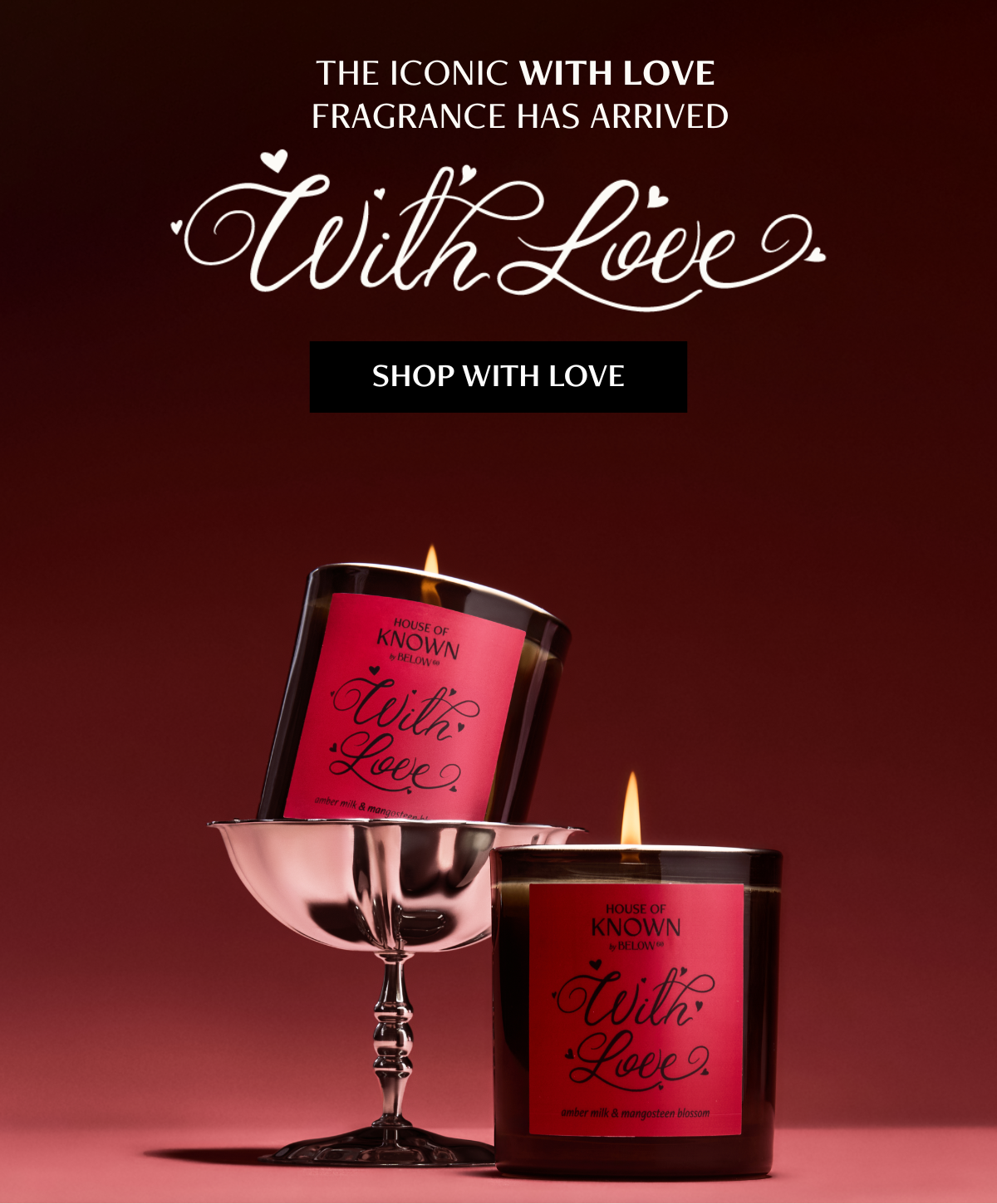 With Love candles in red glass and silver holders - House of Known by Below 60